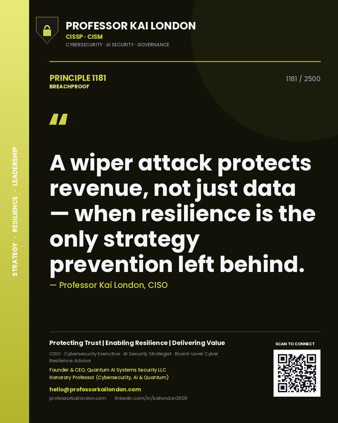 Professor Kai London principle 1181: A wiper attack protects revenue, not just data — when resilience is the only strategy prevention left behind.