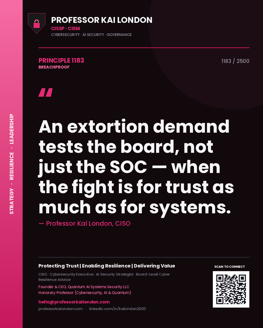 Professor Kai London principle 1183: An extortion demand tests the board, not just the SOC — when the fight is for trust as much as for systems.