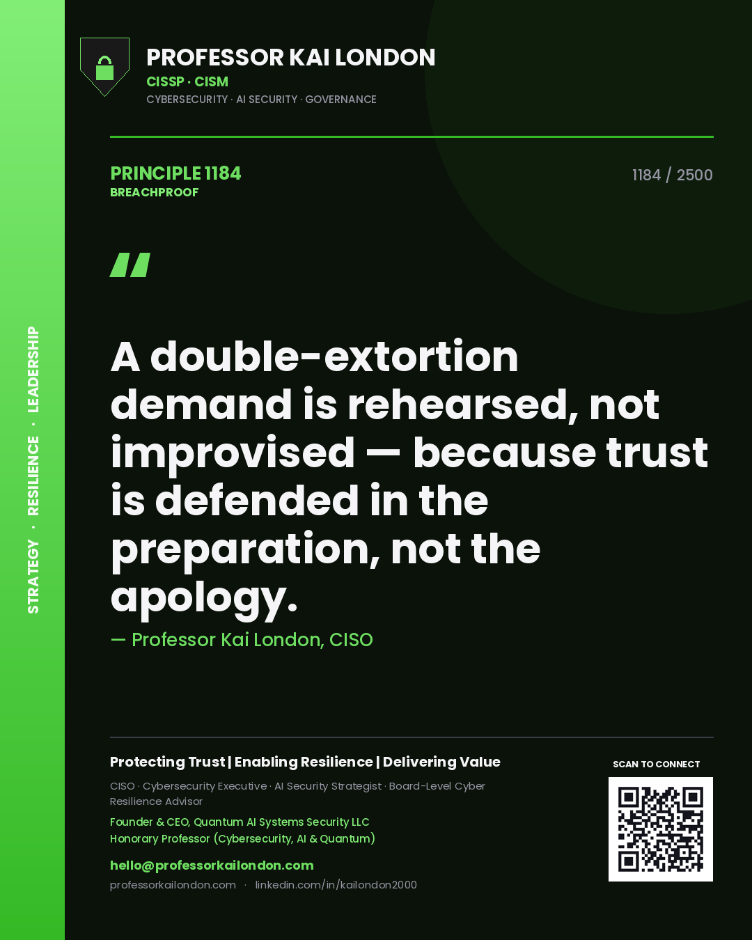 Professor Kai London principle 1184: A double-extortion demand is rehearsed, not improvised — because trust is defended in the preparation, not the apology.