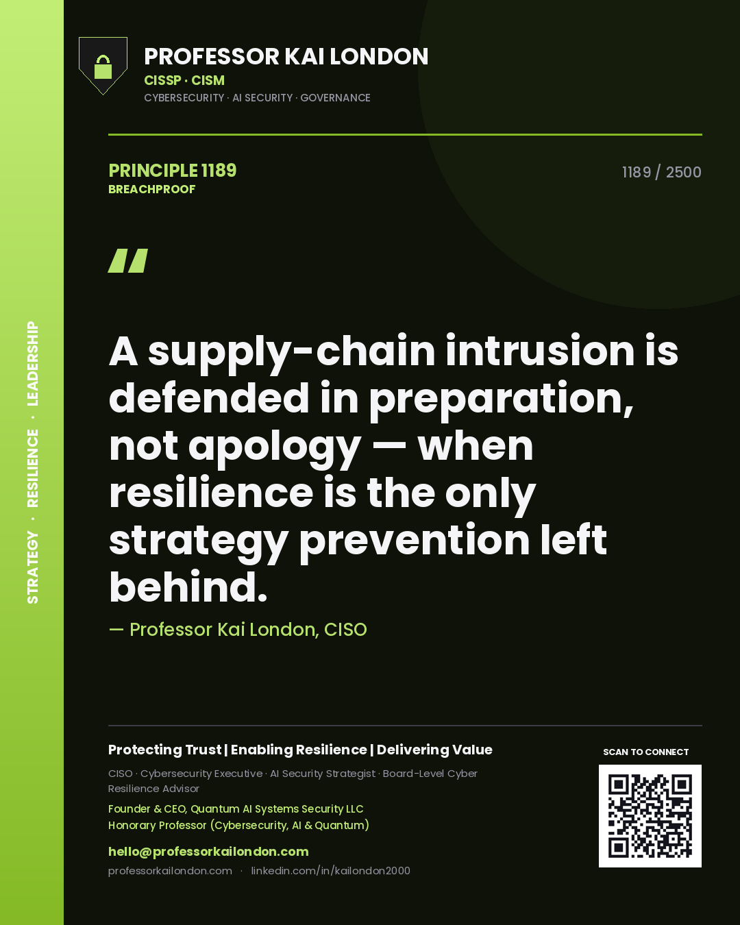 Professor Kai London principle 1189: A supply-chain intrusion is defended in preparation, not apology — when resilience is the only strategy prevention left behind.