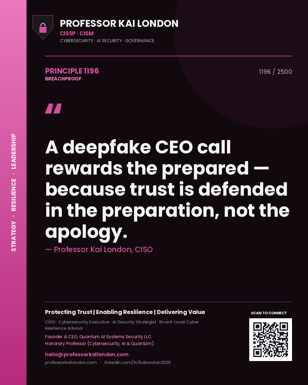 Professor Kai London principle 1196: A deepfake CEO call rewards the prepared — because trust is defended in the preparation, not the apology.