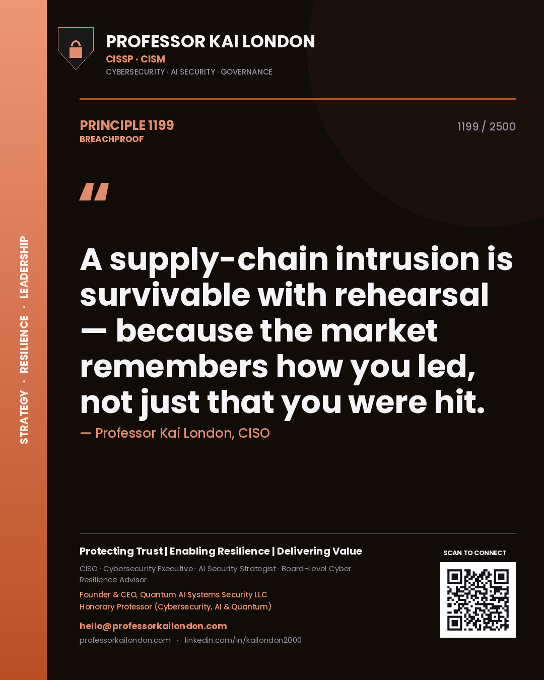 Professor Kai London principle 1199: A supply-chain intrusion is survivable with rehearsal — because the market remembers how you led, not just that you were hit.