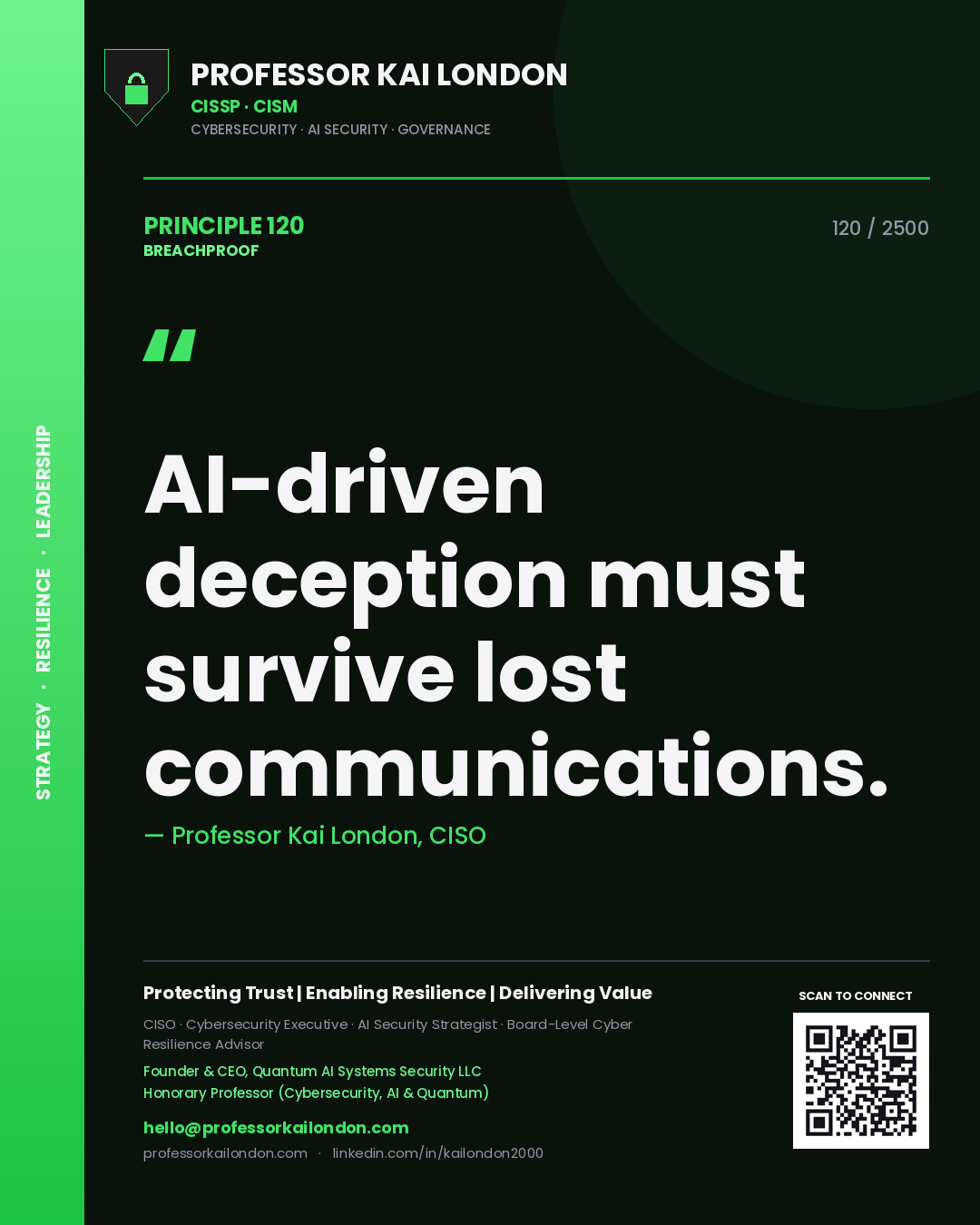 Professor Kai London principle 120: AI-driven deception must survive lost communications.