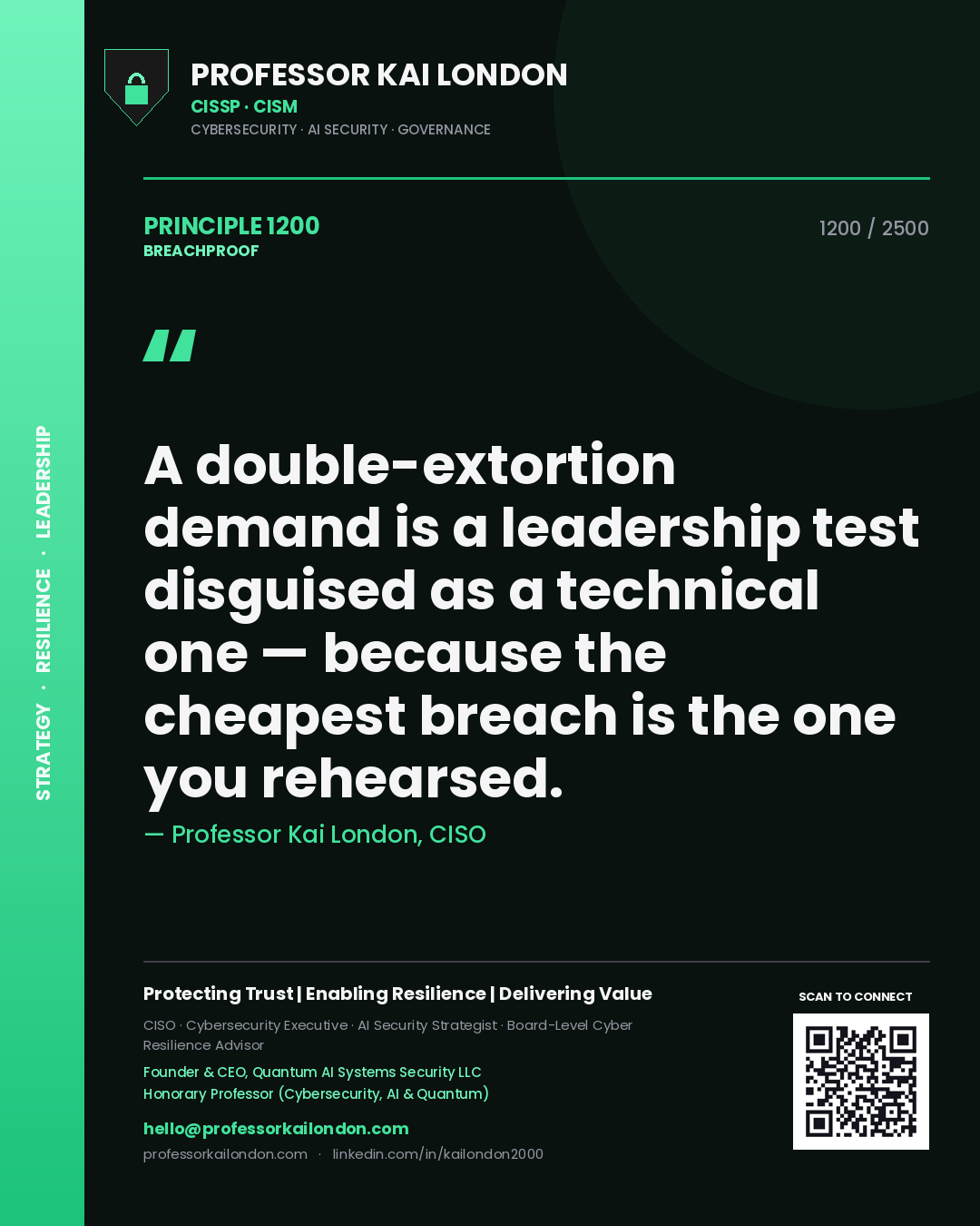 Professor Kai London principle 1200: A double-extortion demand is a leadership test disguised as a technical one — because the cheapest breach is the one you rehearsed.