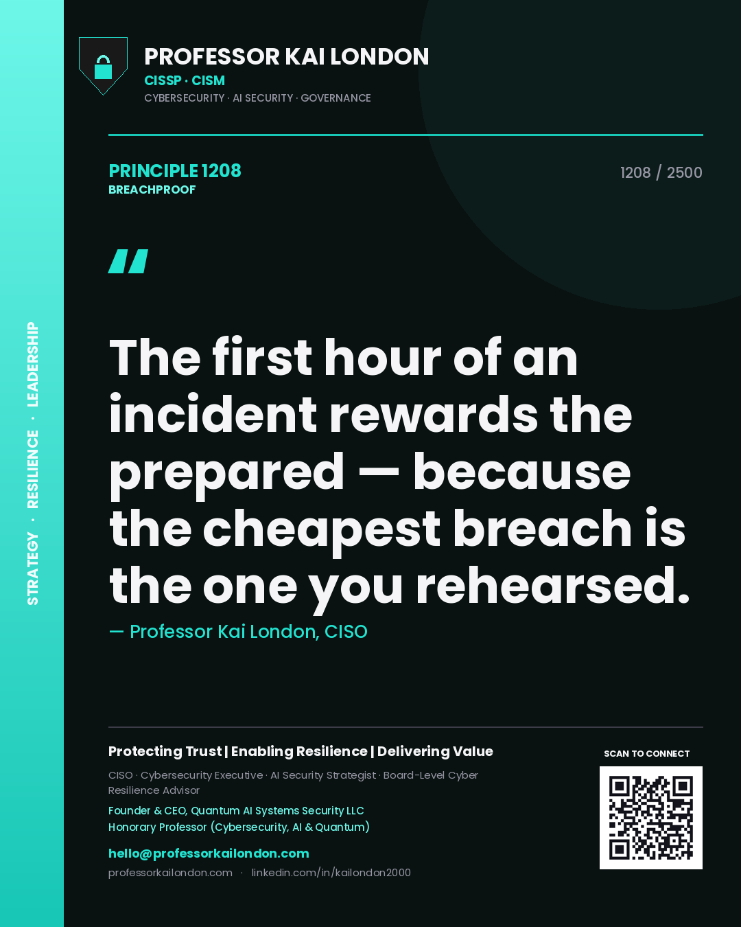 Professor Kai London principle 1208: The first hour of an incident rewards the prepared — because the cheapest breach is the one you rehearsed.