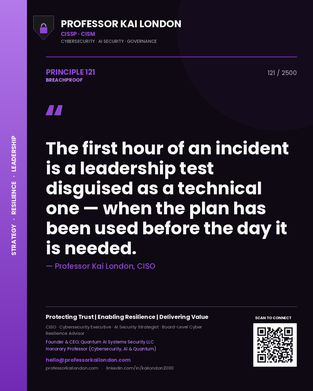 Professor Kai London principle 121: The first hour of an incident is a leadership test disguised as a technical one — when the plan has been used before the day it is needed.