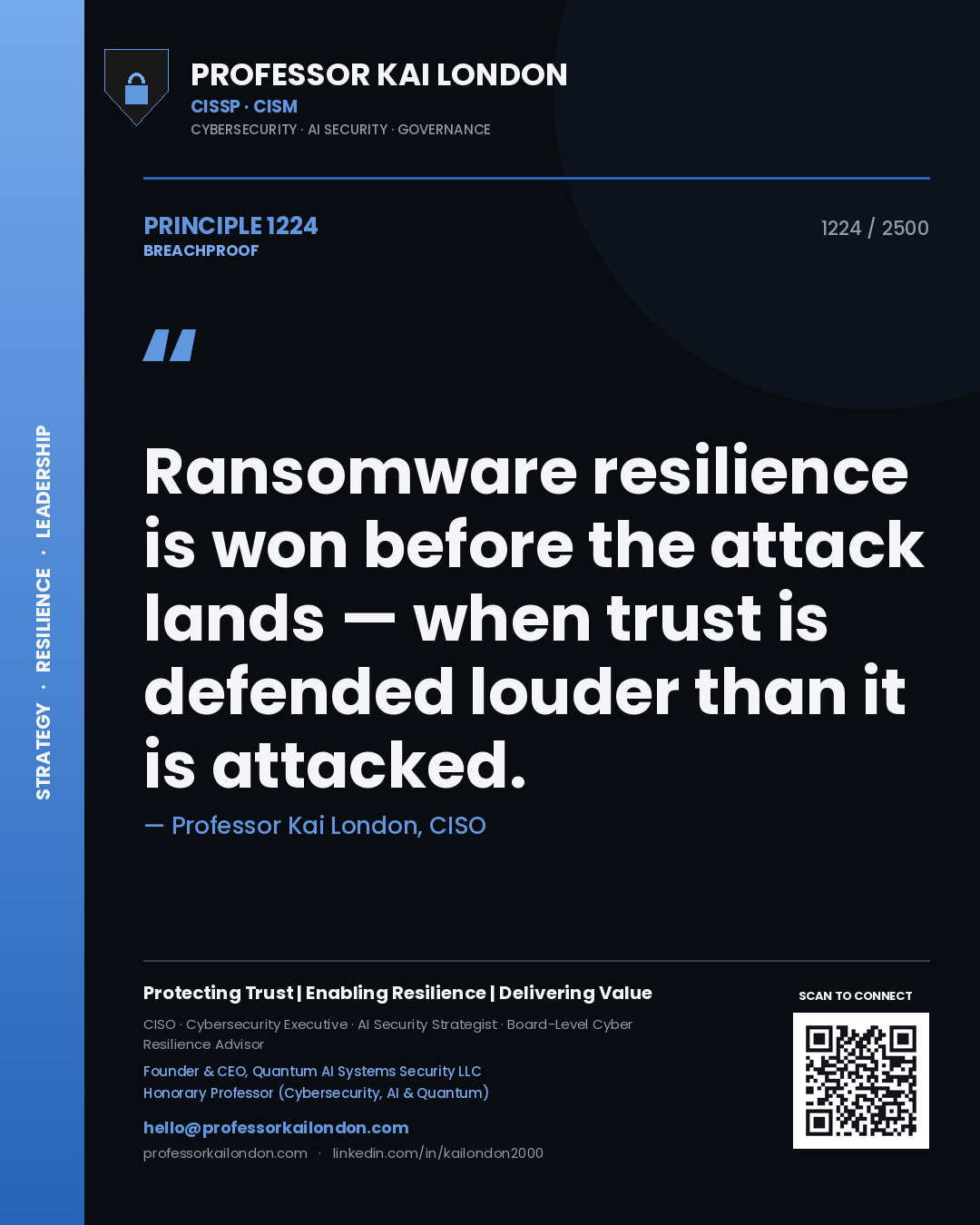 Professor Kai London principle 1224: Ransomware resilience is won before the attack lands — when trust is defended louder than it is attacked.