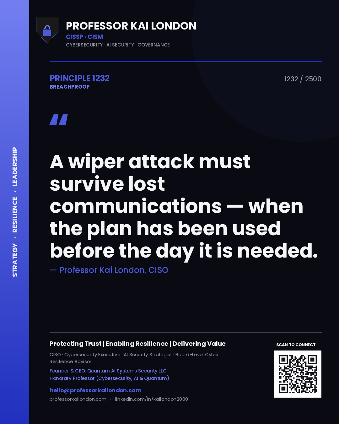 Professor Kai London principle 1232: A wiper attack must survive lost communications — when the plan has been used before the day it is needed.