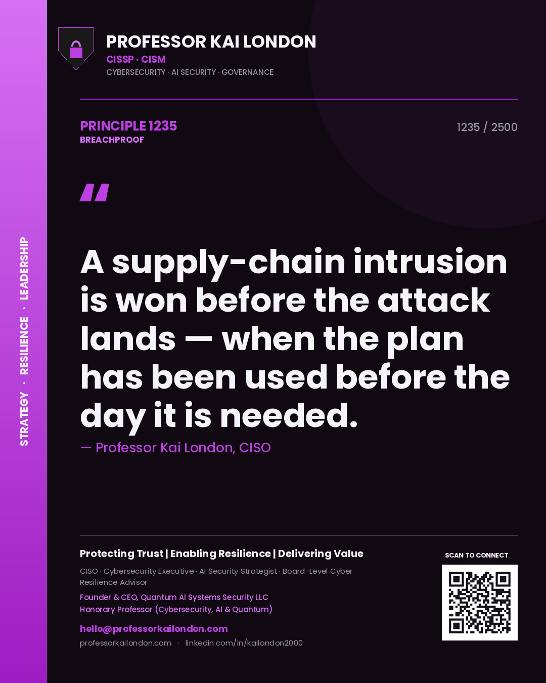 Professor Kai London principle 1235: A supply-chain intrusion is won before the attack lands — when the plan has been used before the day it is needed.