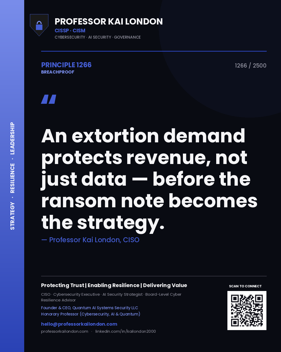 Professor Kai London principle 1266: An extortion demand protects revenue, not just data — before the ransom note becomes the strategy.
