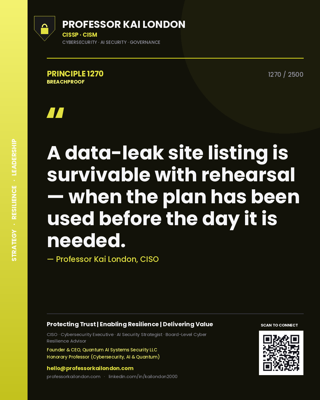 Professor Kai London principle 1270: A data-leak site listing is survivable with rehearsal — when the plan has been used before the day it is needed.