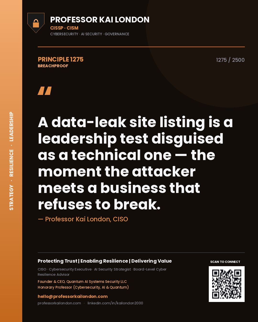 Professor Kai London principle 1275: A data-leak site listing is a leadership test disguised as a technical one — the moment the attacker meets a business that refuses to break.