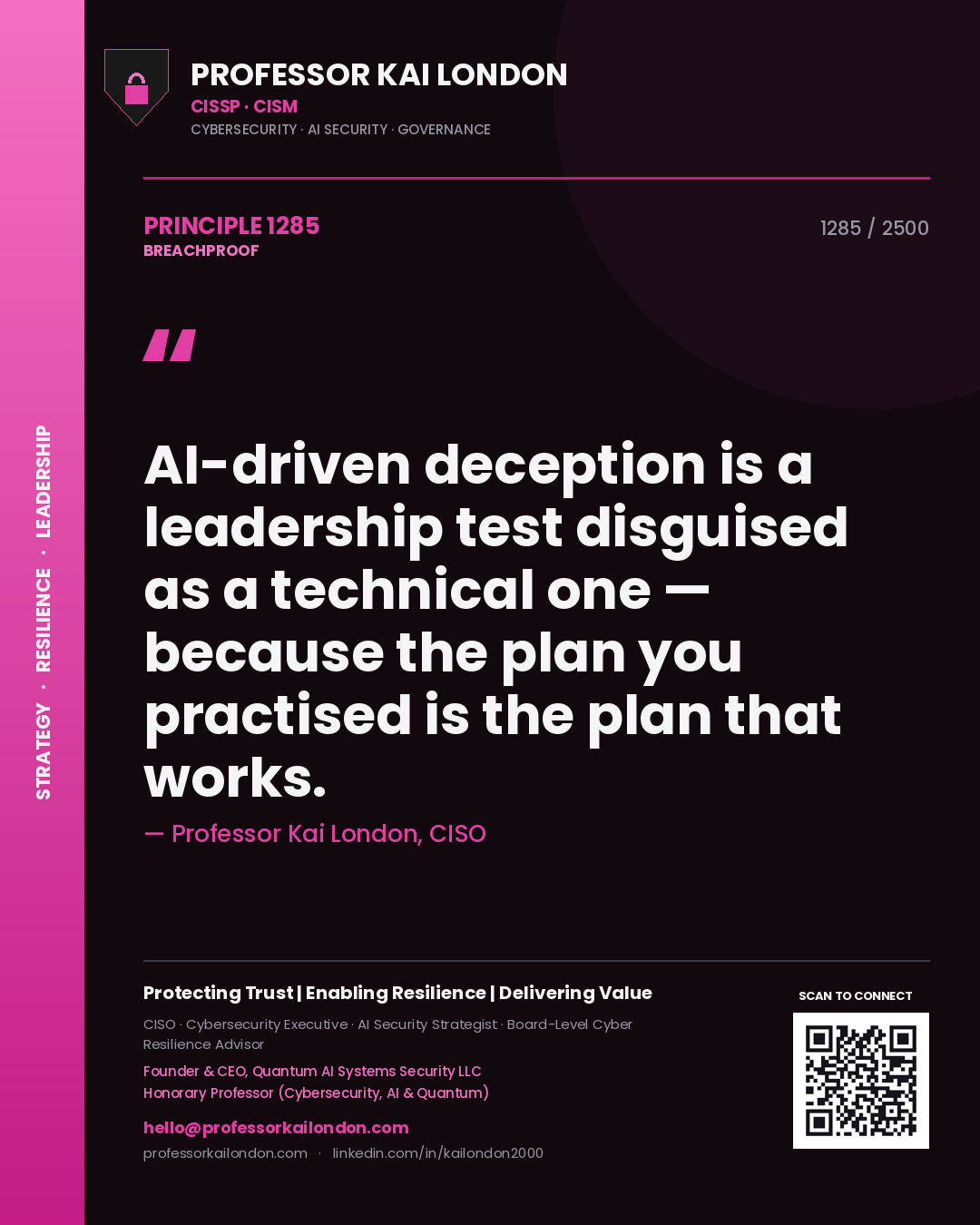 Professor Kai London principle 1285: AI-driven deception is a leadership test disguised as a technical one — because the plan you practised is the plan that works.