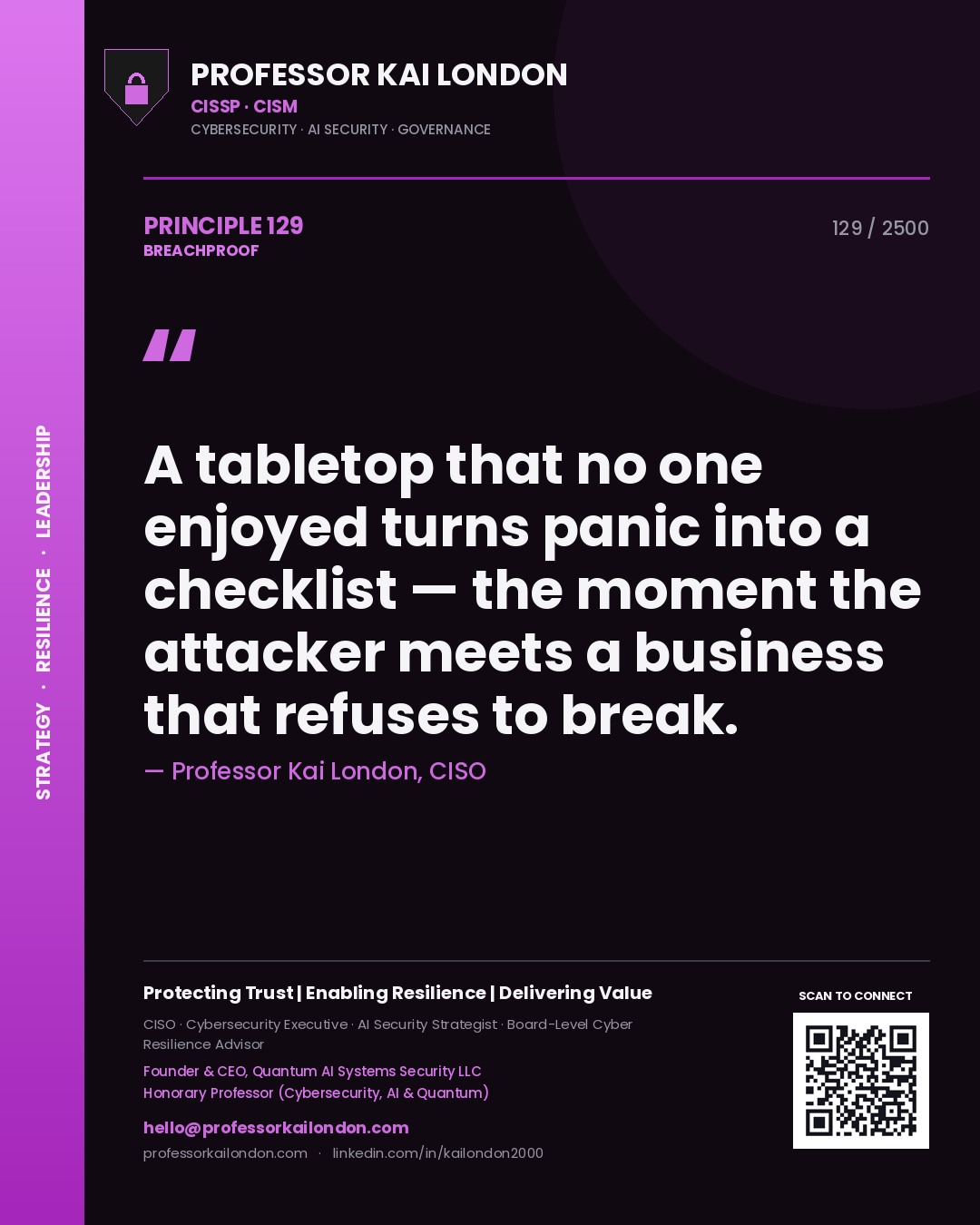 Professor Kai London principle 129: A tabletop that no one enjoyed turns panic into a checklist — the moment the attacker meets a business that refuses to break.