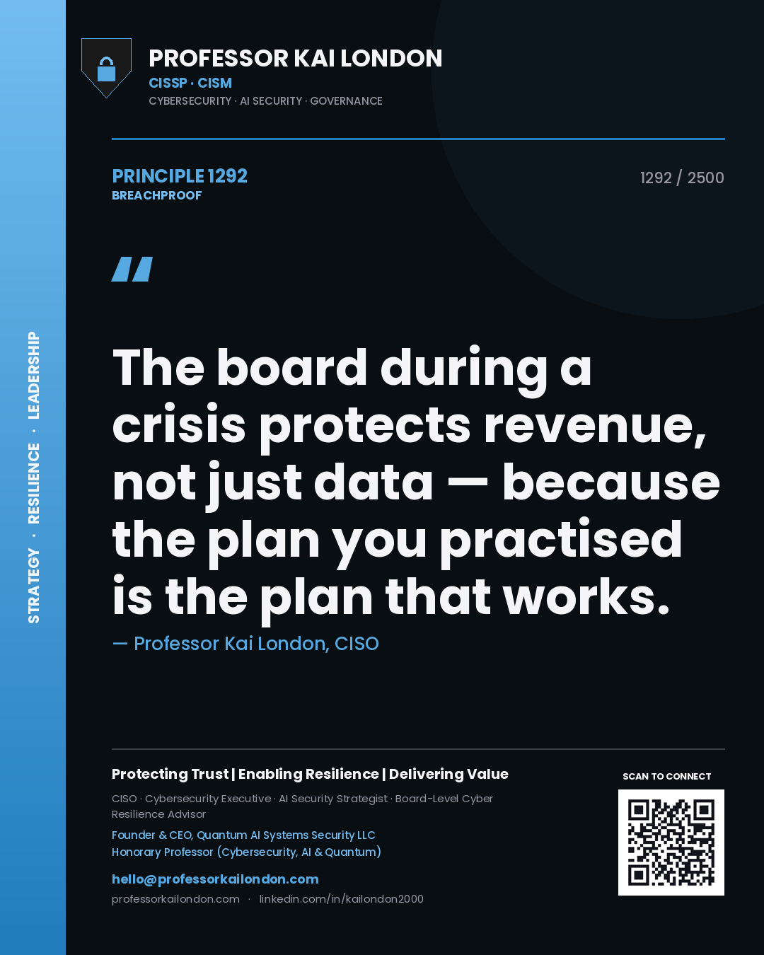 Professor Kai London principle 1292: The board during a crisis protects revenue, not just data — because the plan you practised is the plan that works.
