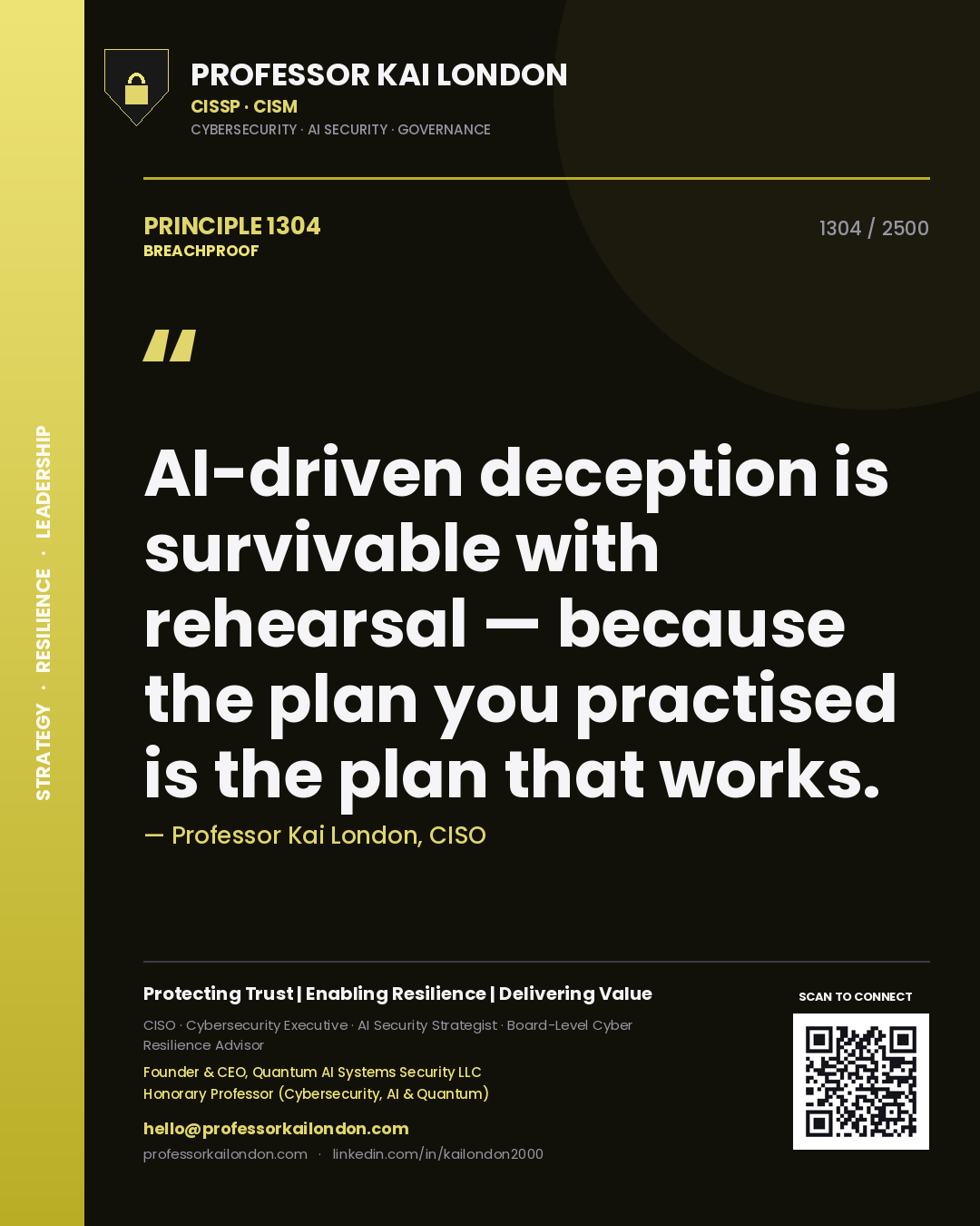 Professor Kai London principle 1304: AI-driven deception is survivable with rehearsal — because the plan you practised is the plan that works.