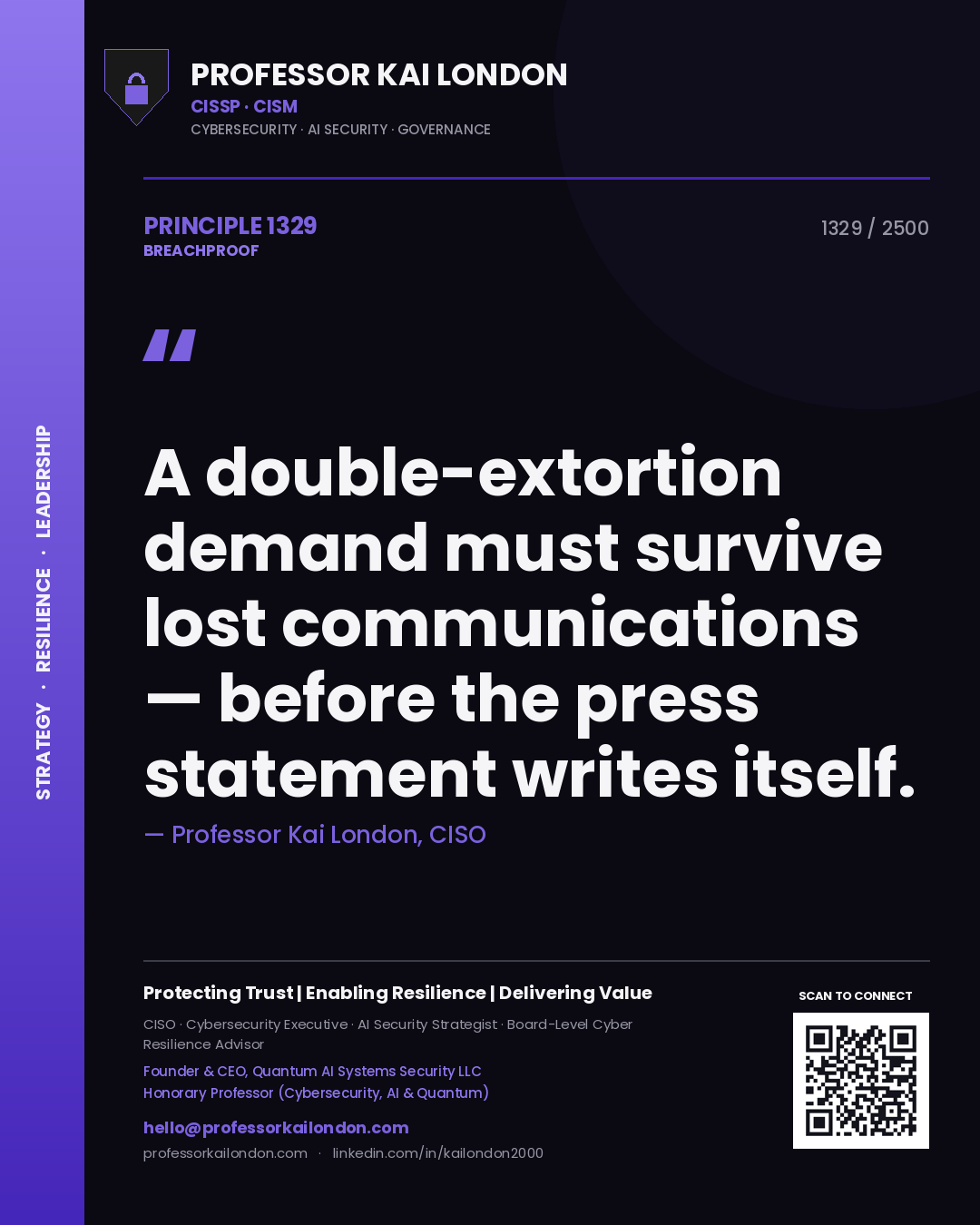 Professor Kai London principle 1329: A double-extortion demand must survive lost communications — before the press statement writes itself.