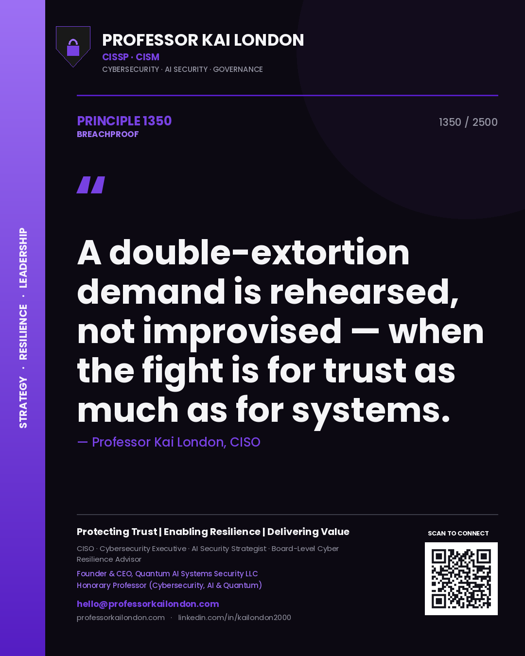Professor Kai London principle 1350: A double-extortion demand is rehearsed, not improvised — when the fight is for trust as much as for systems.