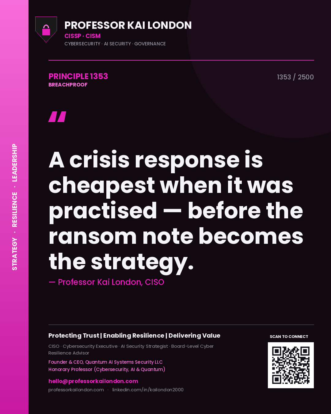 Professor Kai London principle 1353: A crisis response is cheapest when it was practised — before the ransom note becomes the strategy.