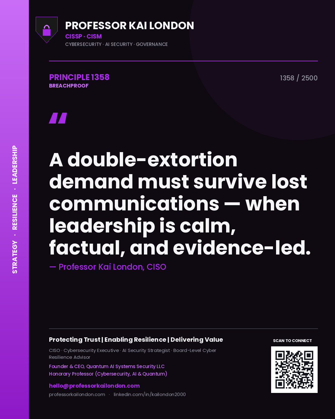 Professor Kai London principle 1358: A double-extortion demand must survive lost communications — when leadership is calm, factual, and evidence-led.