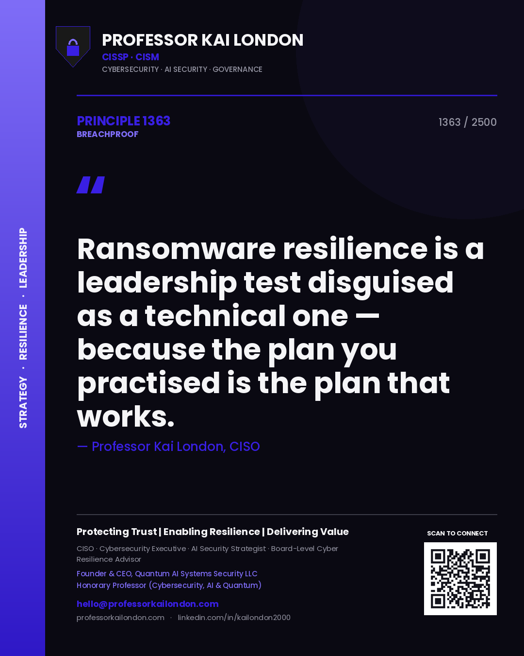 Professor Kai London principle 1363: Ransomware resilience is a leadership test disguised as a technical one — because the plan you practised is the plan that works.