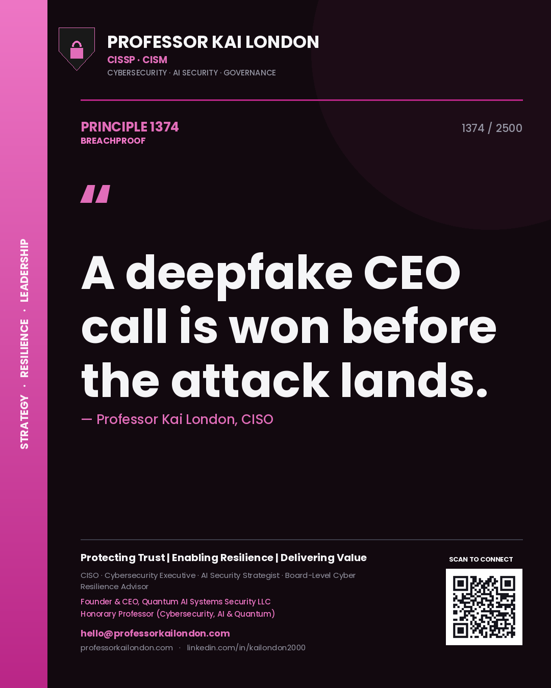 Professor Kai London principle 1374: A deepfake CEO call is won before the attack lands.