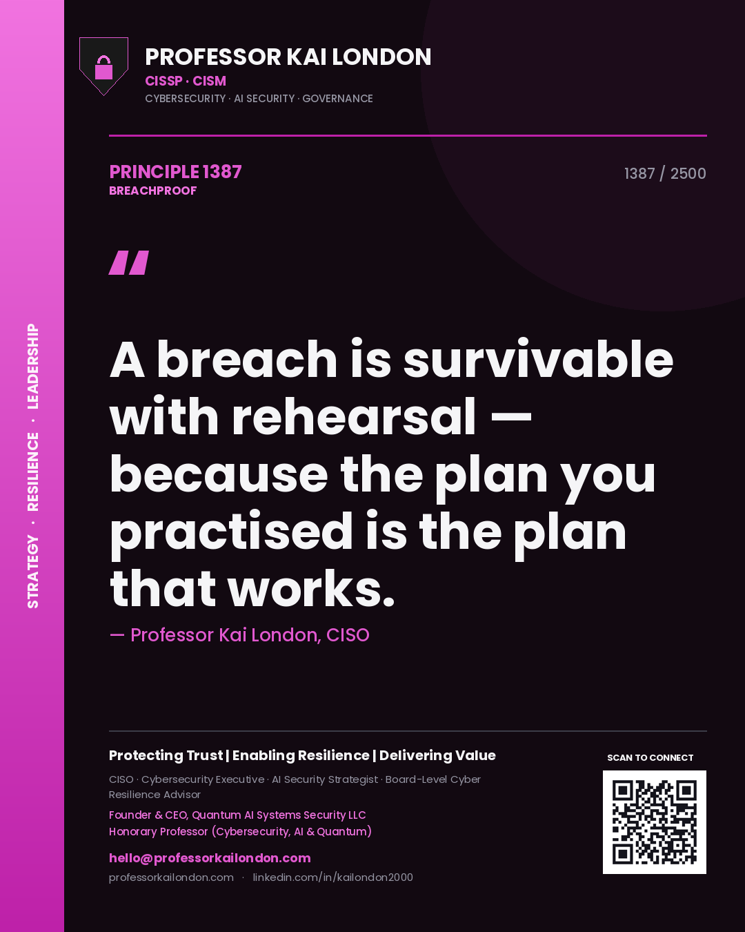 Professor Kai London principle 1387: A breach is survivable with rehearsal — because the plan you practised is the plan that works.