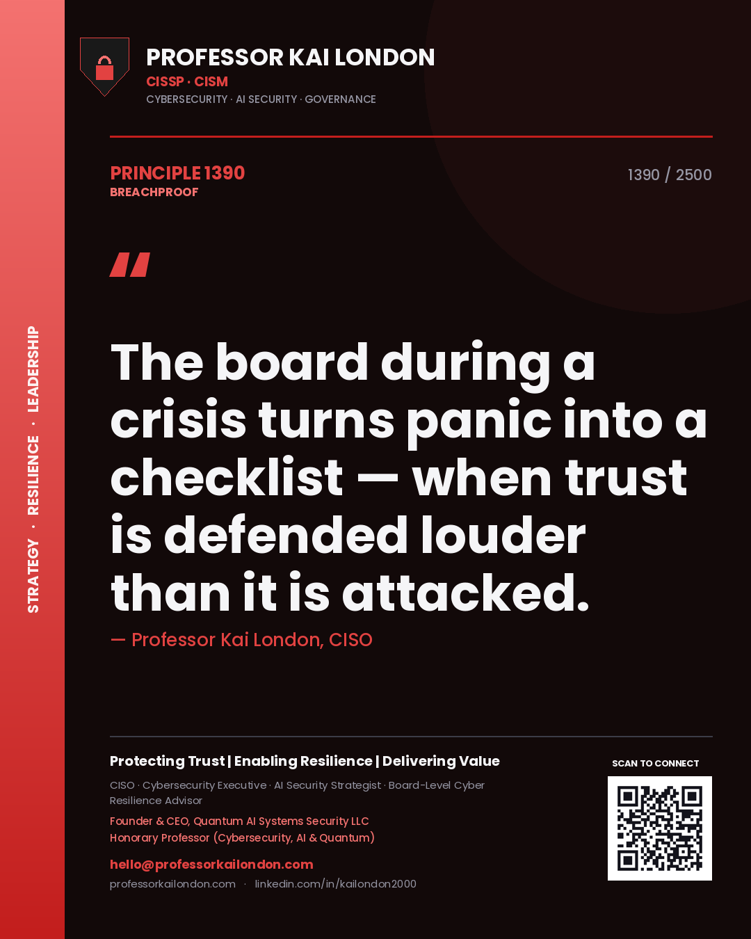 Professor Kai London principle 1390: The board during a crisis turns panic into a checklist — when trust is defended louder than it is attacked.