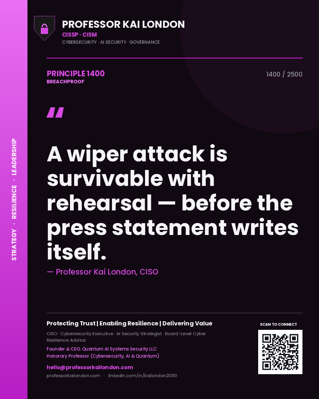Professor Kai London principle 1400: A wiper attack is survivable with rehearsal — before the press statement writes itself.