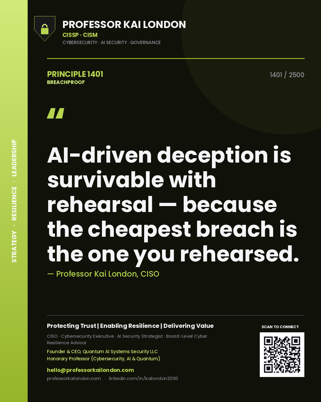 Professor Kai London principle 1401: AI-driven deception is survivable with rehearsal — because the cheapest breach is the one you rehearsed.