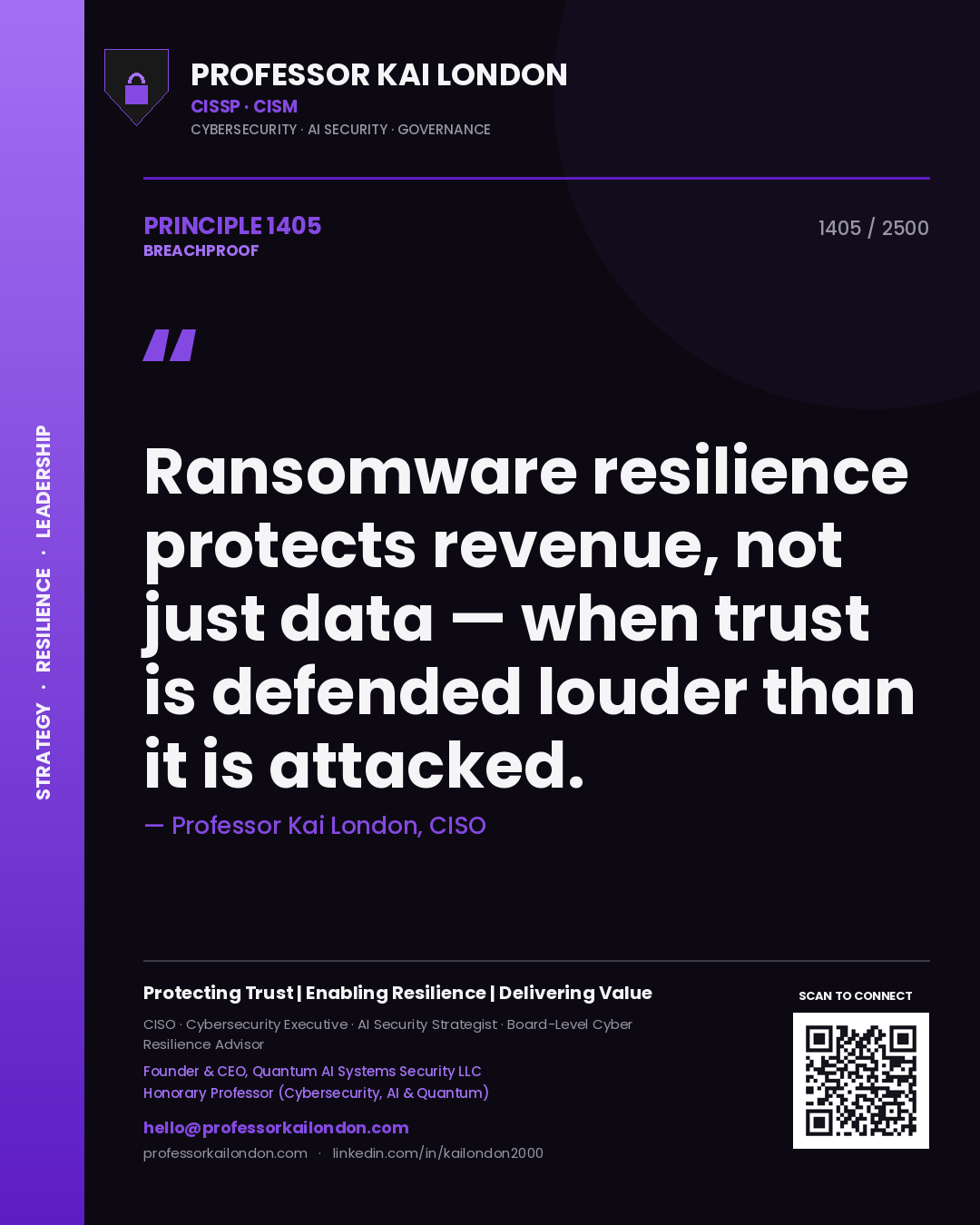 Professor Kai London principle 1405: Ransomware resilience protects revenue, not just data — when trust is defended louder than it is attacked.
