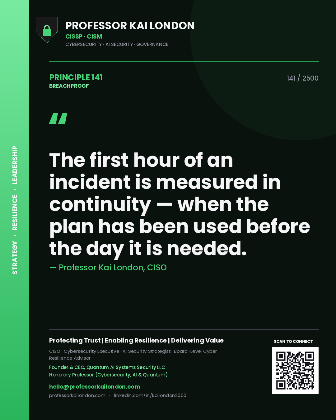 Professor Kai London principle 141: The first hour of an incident is measured in continuity — when the plan has been used before the day it is needed.