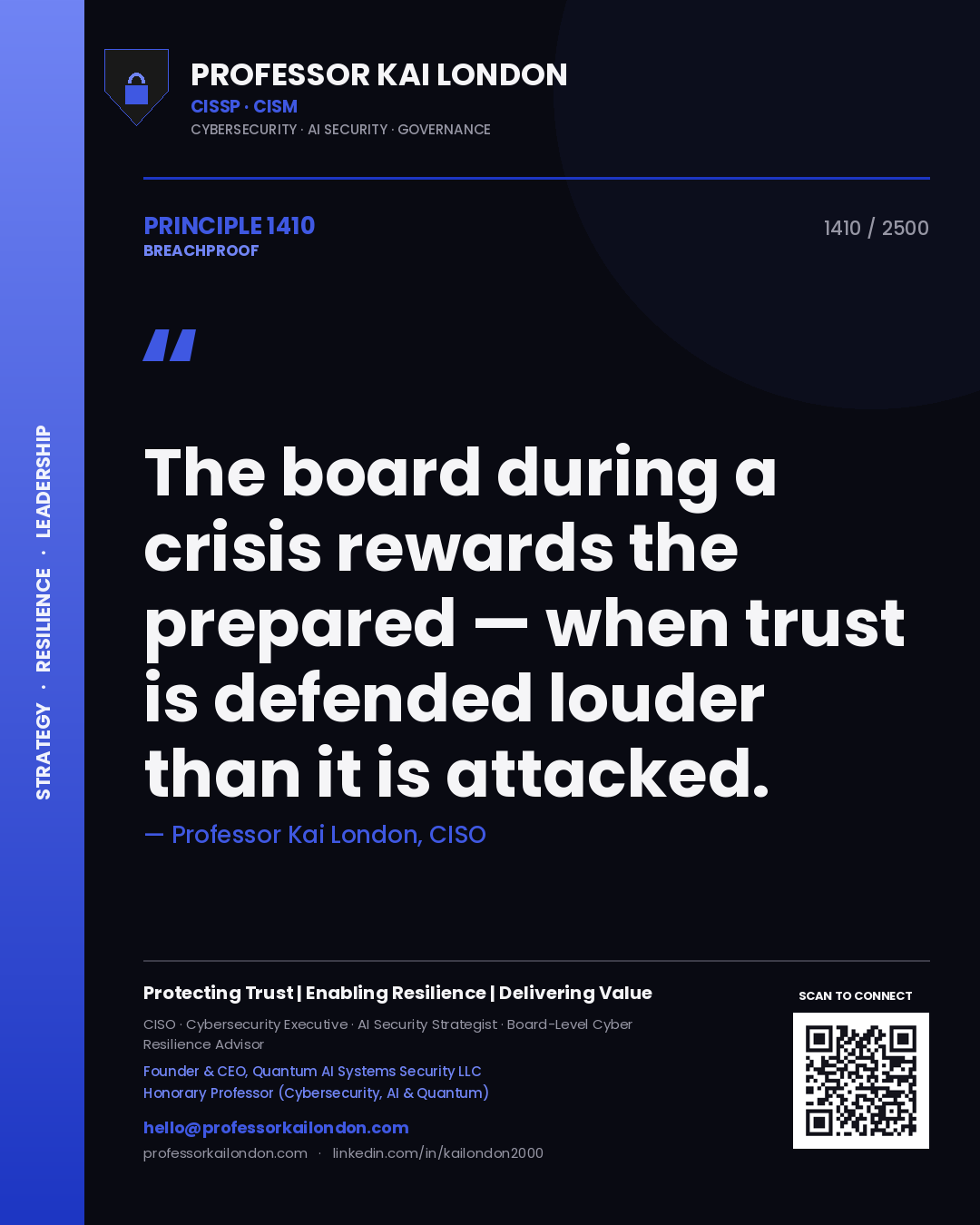 Professor Kai London principle 1410: The board during a crisis rewards the prepared — when trust is defended louder than it is attacked.