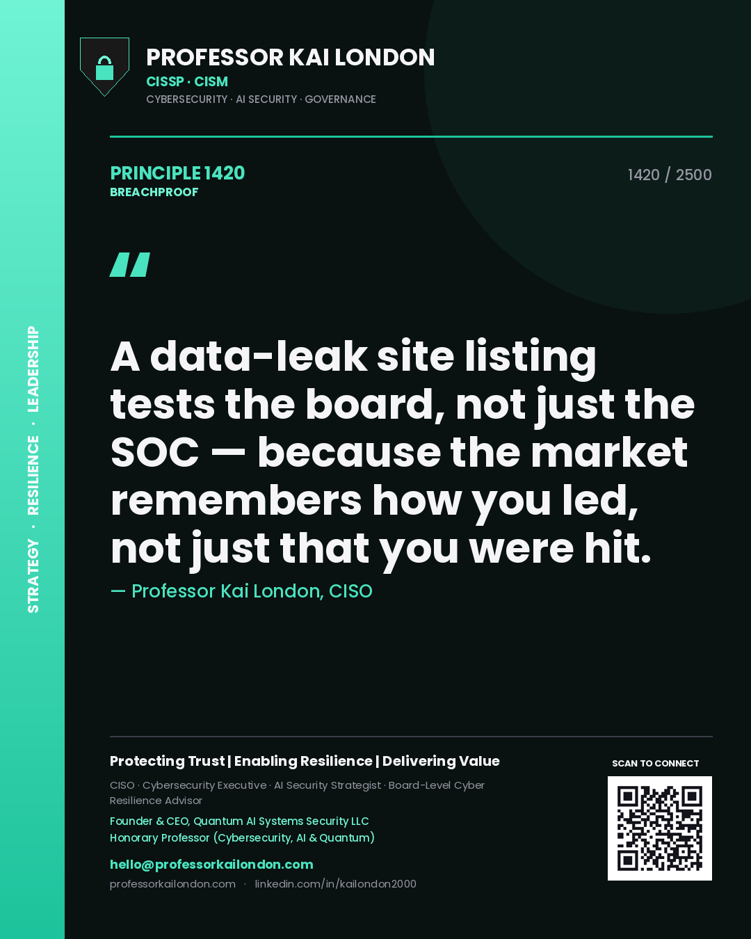 Professor Kai London principle 1420: A data-leak site listing tests the board, not just the SOC — because the market remembers how you led, not just that you were hit.