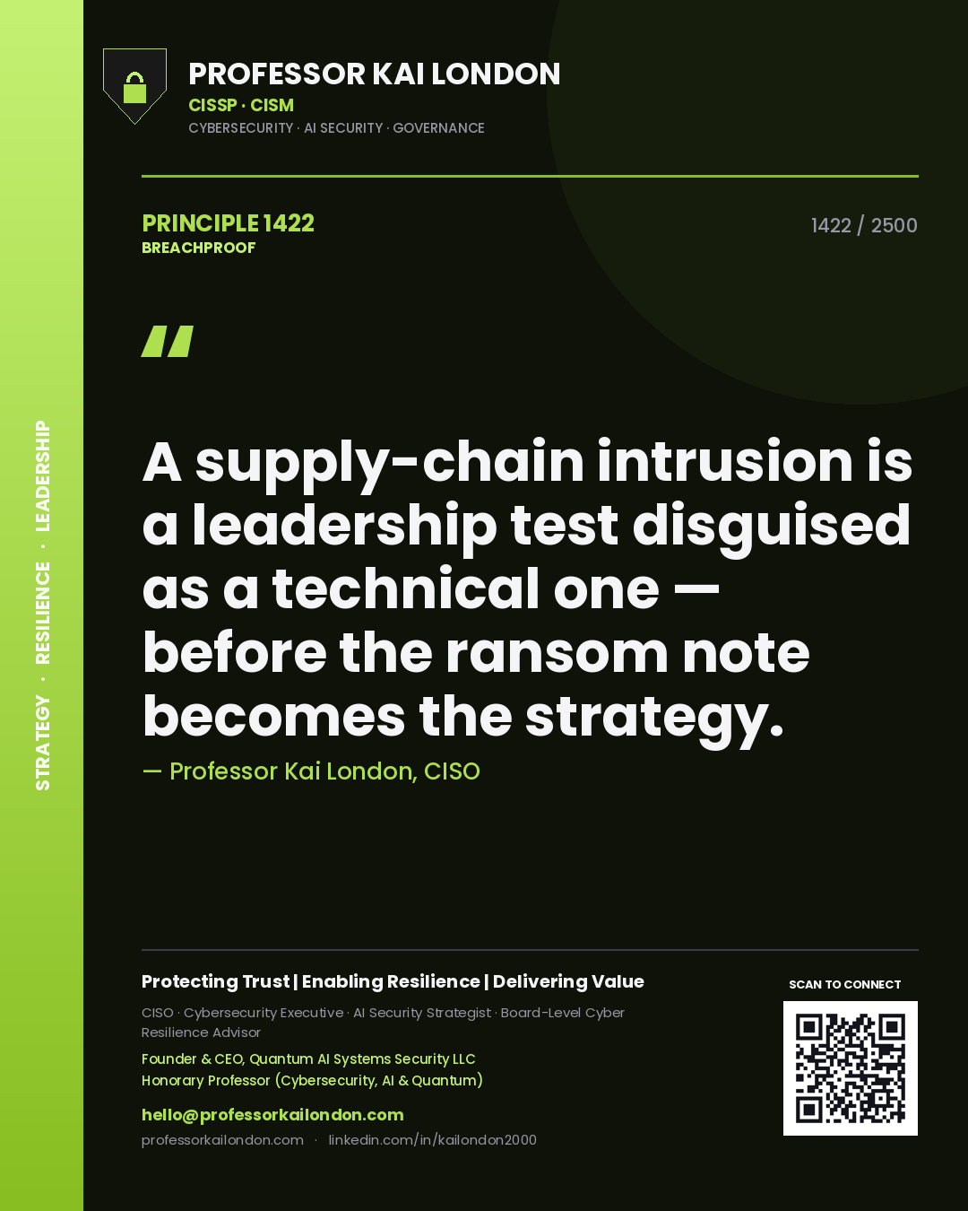 Professor Kai London principle 1422: A supply-chain intrusion is a leadership test disguised as a technical one — before the ransom note becomes the strategy.