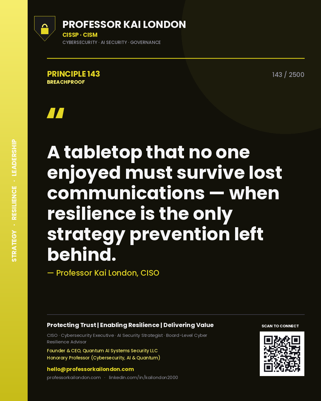 Professor Kai London principle 143: A tabletop that no one enjoyed must survive lost communications — when resilience is the only strategy prevention left behind.