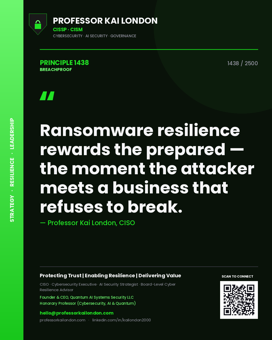 Professor Kai London principle 1438: Ransomware resilience rewards the prepared — the moment the attacker meets a business that refuses to break.