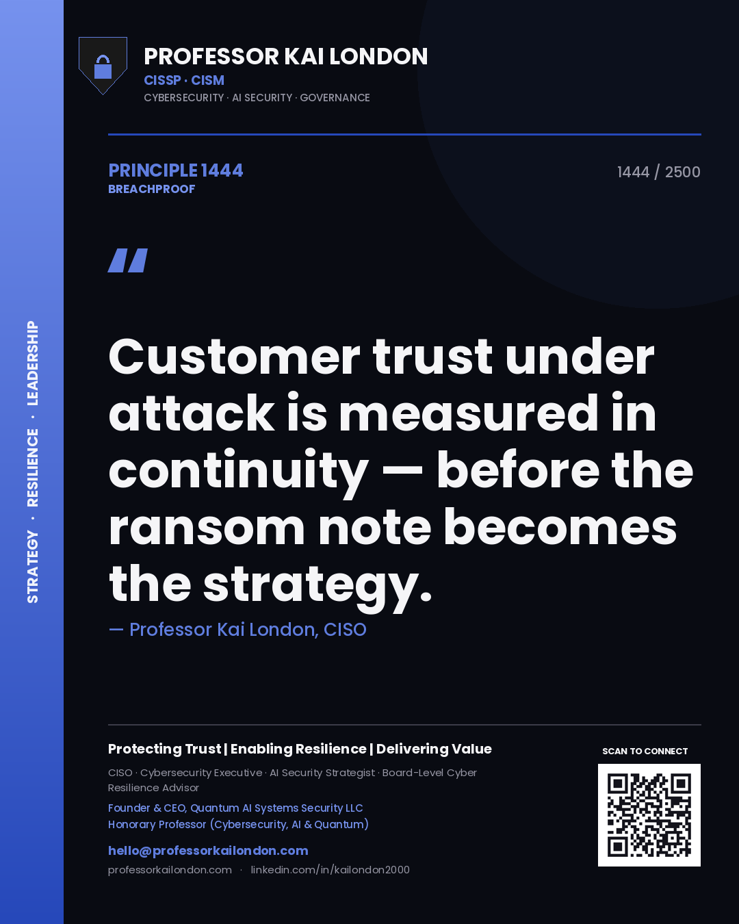 Professor Kai London principle 1444: Customer trust under attack is measured in continuity — before the ransom note becomes the strategy.