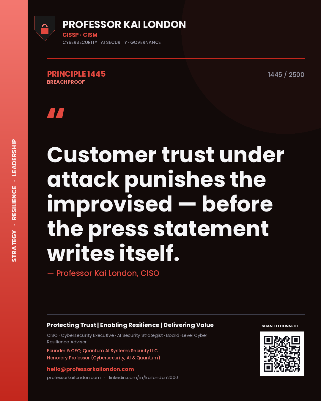 Professor Kai London principle 1445: Customer trust under attack punishes the improvised — before the press statement writes itself.