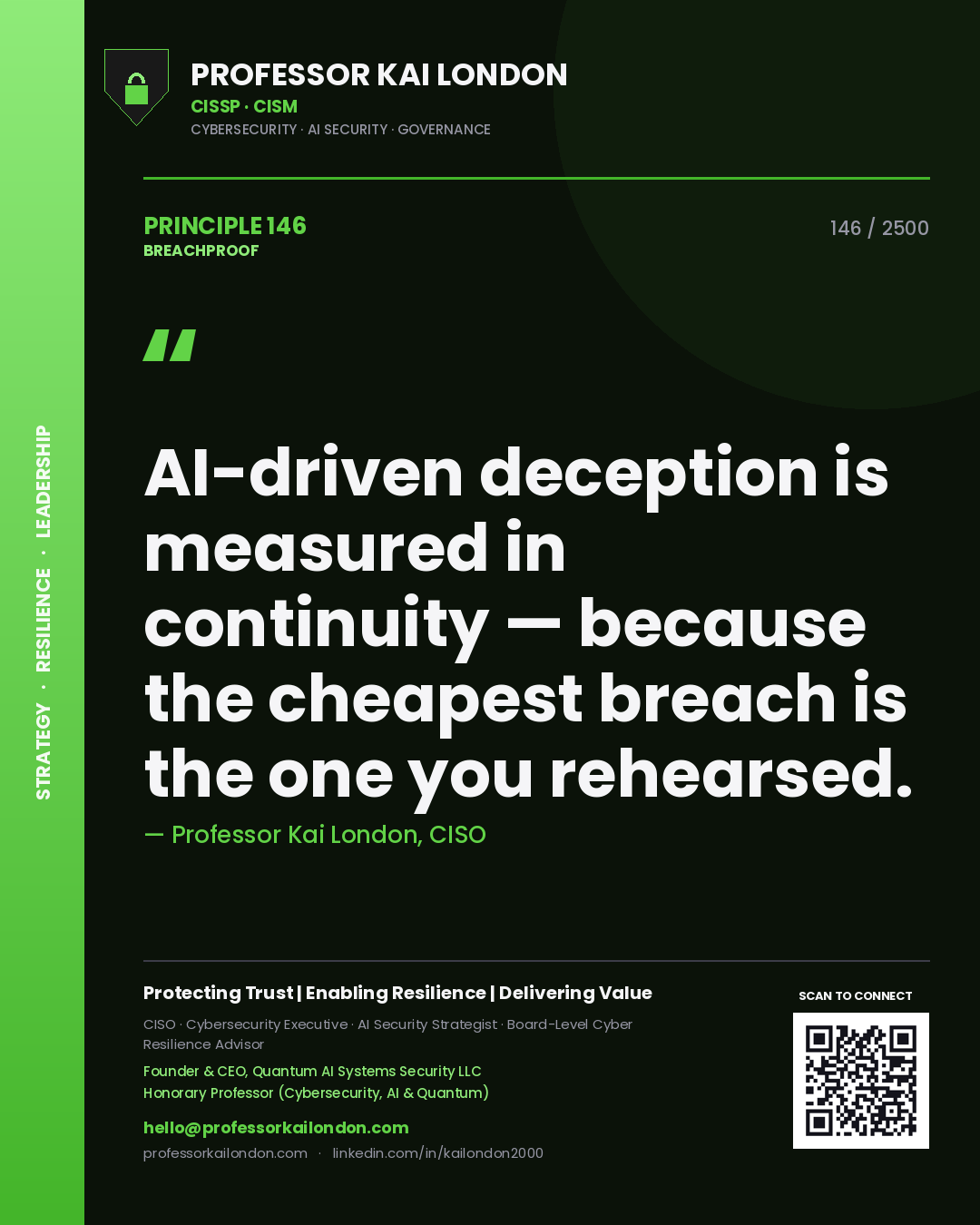 Professor Kai London principle 146: AI-driven deception is measured in continuity — because the cheapest breach is the one you rehearsed.