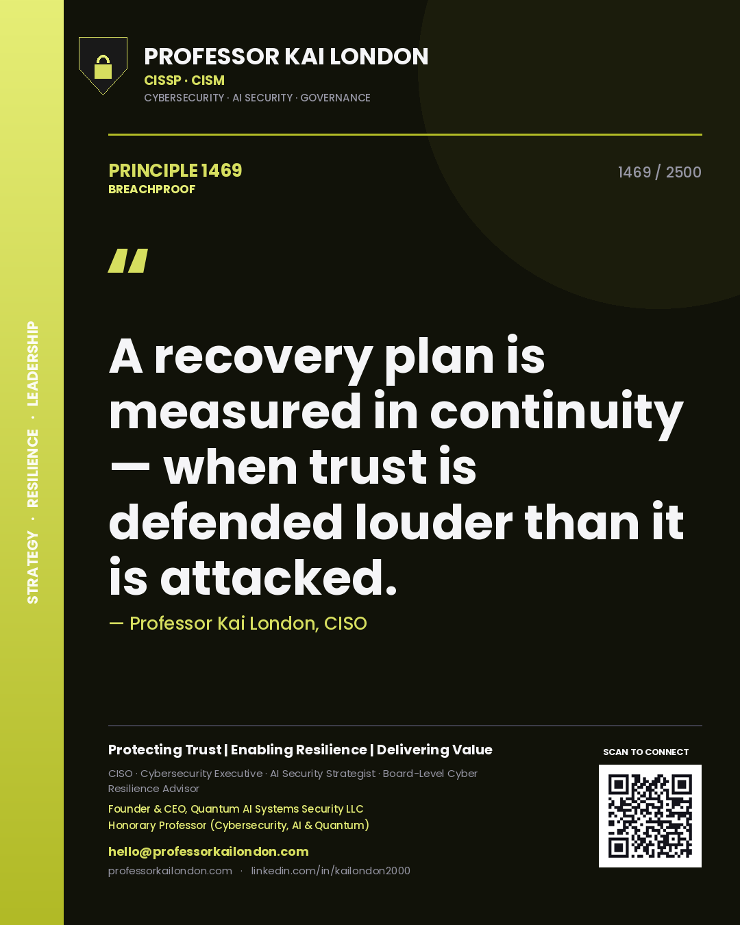 Professor Kai London principle 1469: A recovery plan is measured in continuity — when trust is defended louder than it is attacked.
