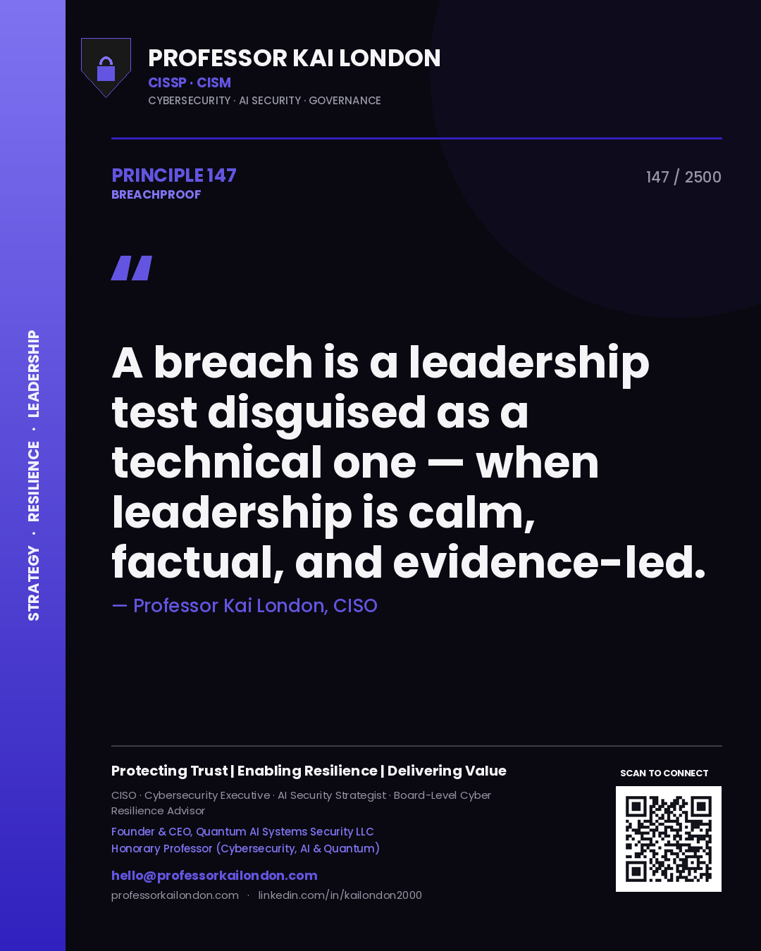 Professor Kai London principle 147: A breach is a leadership test disguised as a technical one — when leadership is calm, factual, and evidence-led.