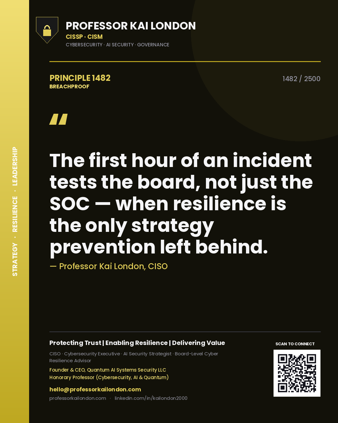 Professor Kai London principle 1482: The first hour of an incident tests the board, not just the SOC — when resilience is the only strategy prevention left behind.