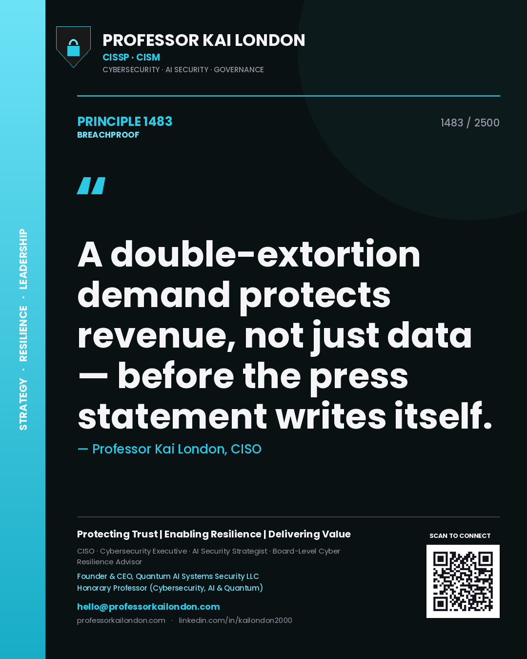 Professor Kai London principle 1483: A double-extortion demand protects revenue, not just data — before the press statement writes itself.