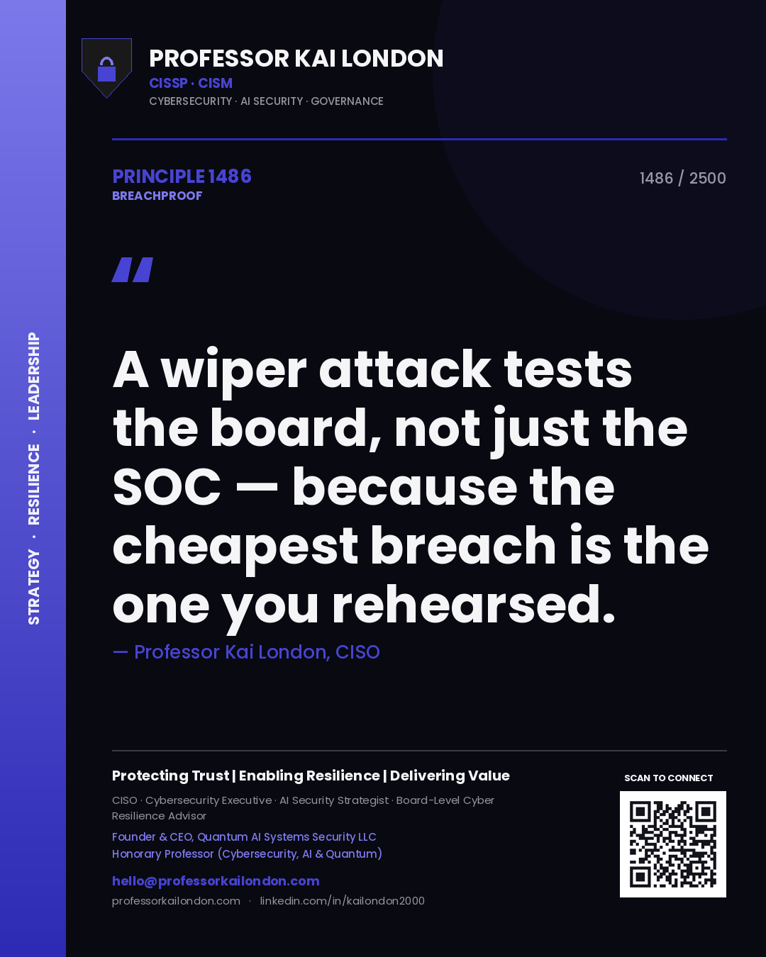Professor Kai London principle 1486: A wiper attack tests the board, not just the SOC — because the cheapest breach is the one you rehearsed.