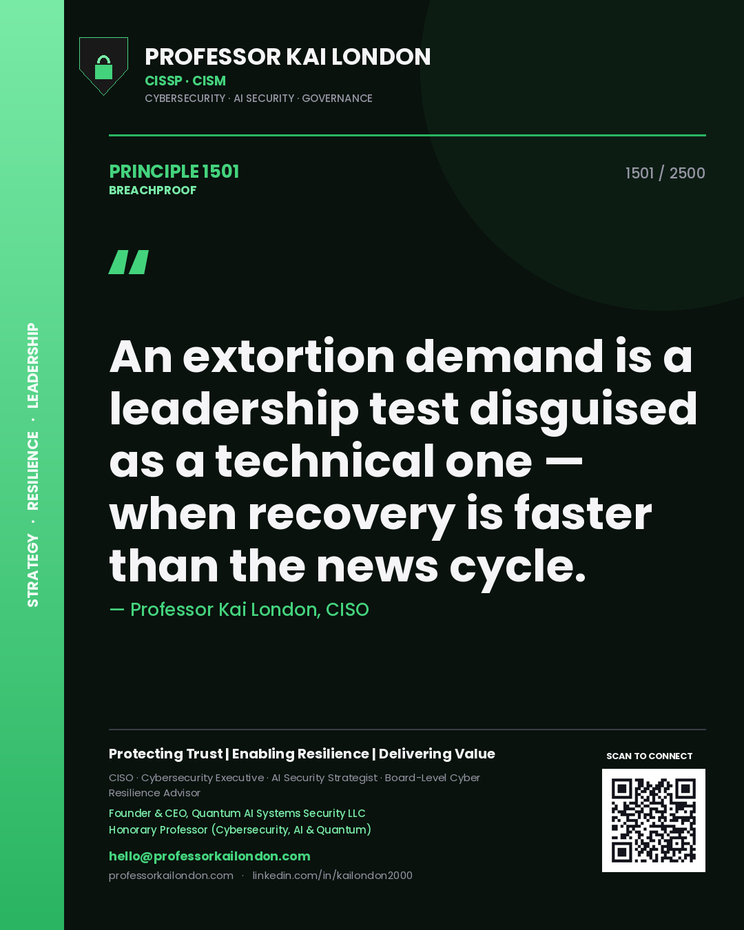 Professor Kai London principle 1501: An extortion demand is a leadership test disguised as a technical one — when recovery is faster than the news cycle.