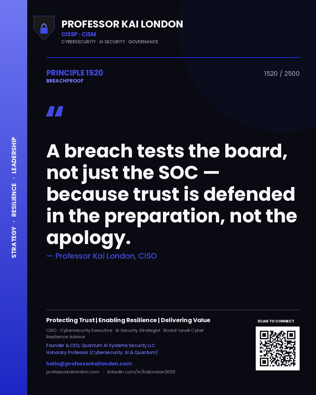 Professor Kai London principle 1520: A breach tests the board, not just the SOC — because trust is defended in the preparation, not the apology.