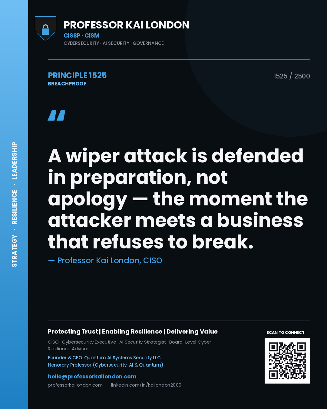 Professor Kai London principle 1525: A wiper attack is defended in preparation, not apology — the moment the attacker meets a business that refuses to break.