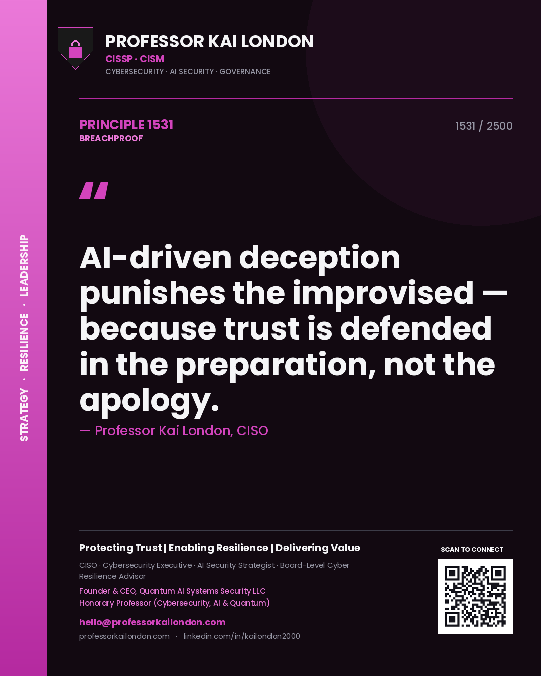 Professor Kai London principle 1531: AI-driven deception punishes the improvised — because trust is defended in the preparation, not the apology.