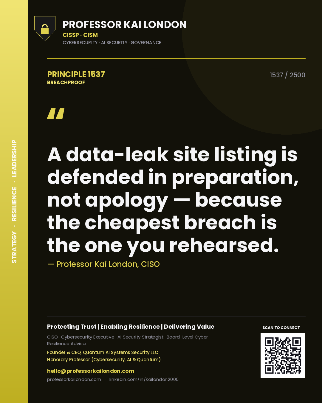 Professor Kai London principle 1537: A data-leak site listing is defended in preparation, not apology — because the cheapest breach is the one you rehearsed.